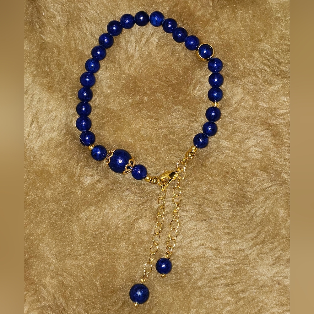 8 - 9.5 inches, Lapis Lazuli Beaded Anklet/ Bracelet, 56.50 carats,Gold tone,NWT